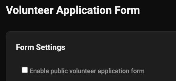 partial screenshot of SquirrelScore volunteer application form settings header